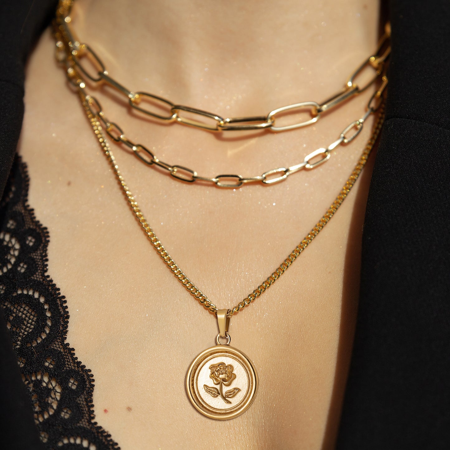 Gold Rose Pendant Necklace Curb Chain N00854
