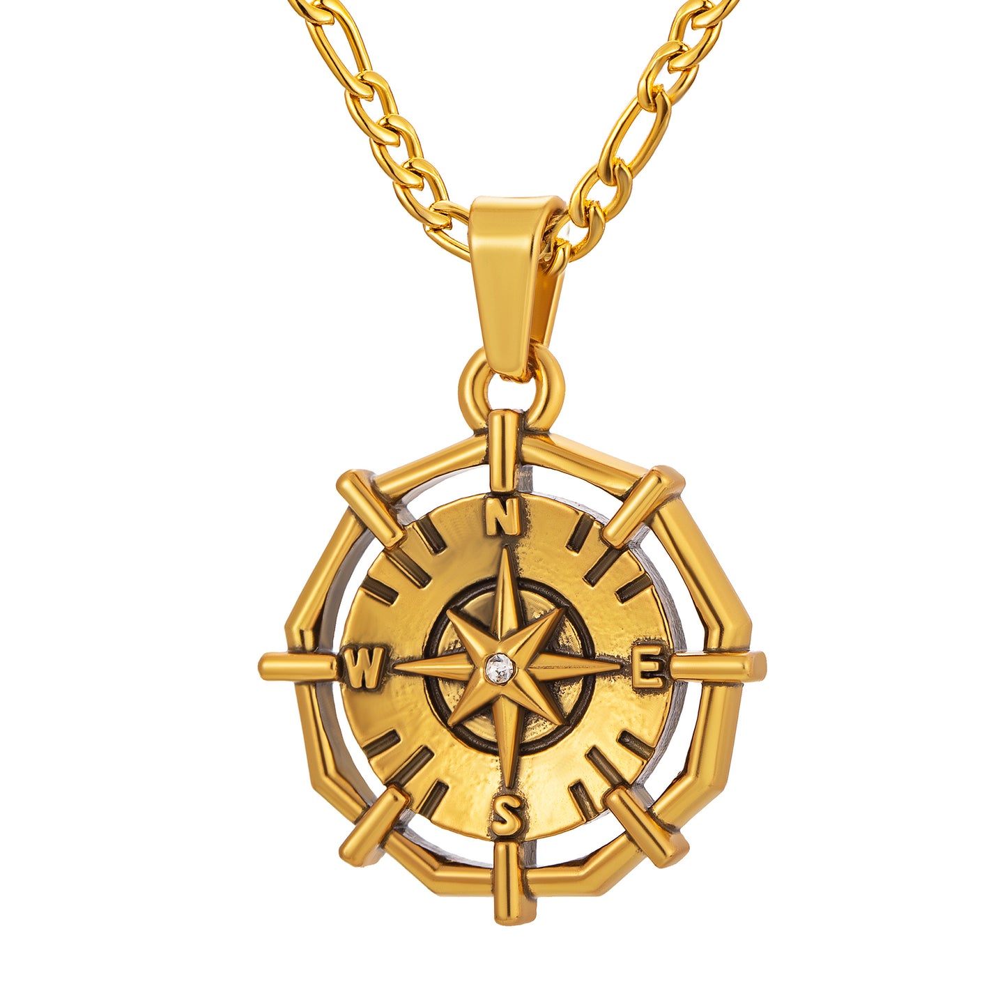 Antique Gold Compass Pendant Necklace Figaro Chain N01917