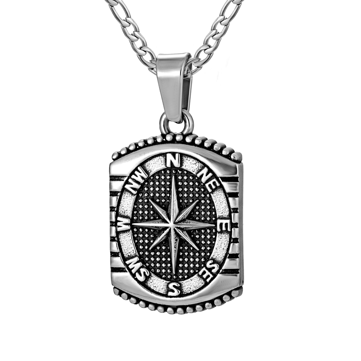 Antique Silver Rectangle Compass Pendant Necklace Figaro Chain N01304