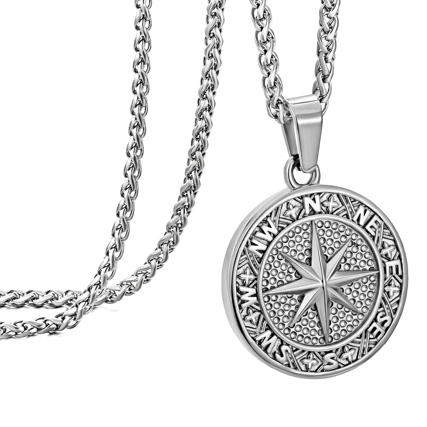 Silver Compass Pendant Necklace Wheat Chain N02134