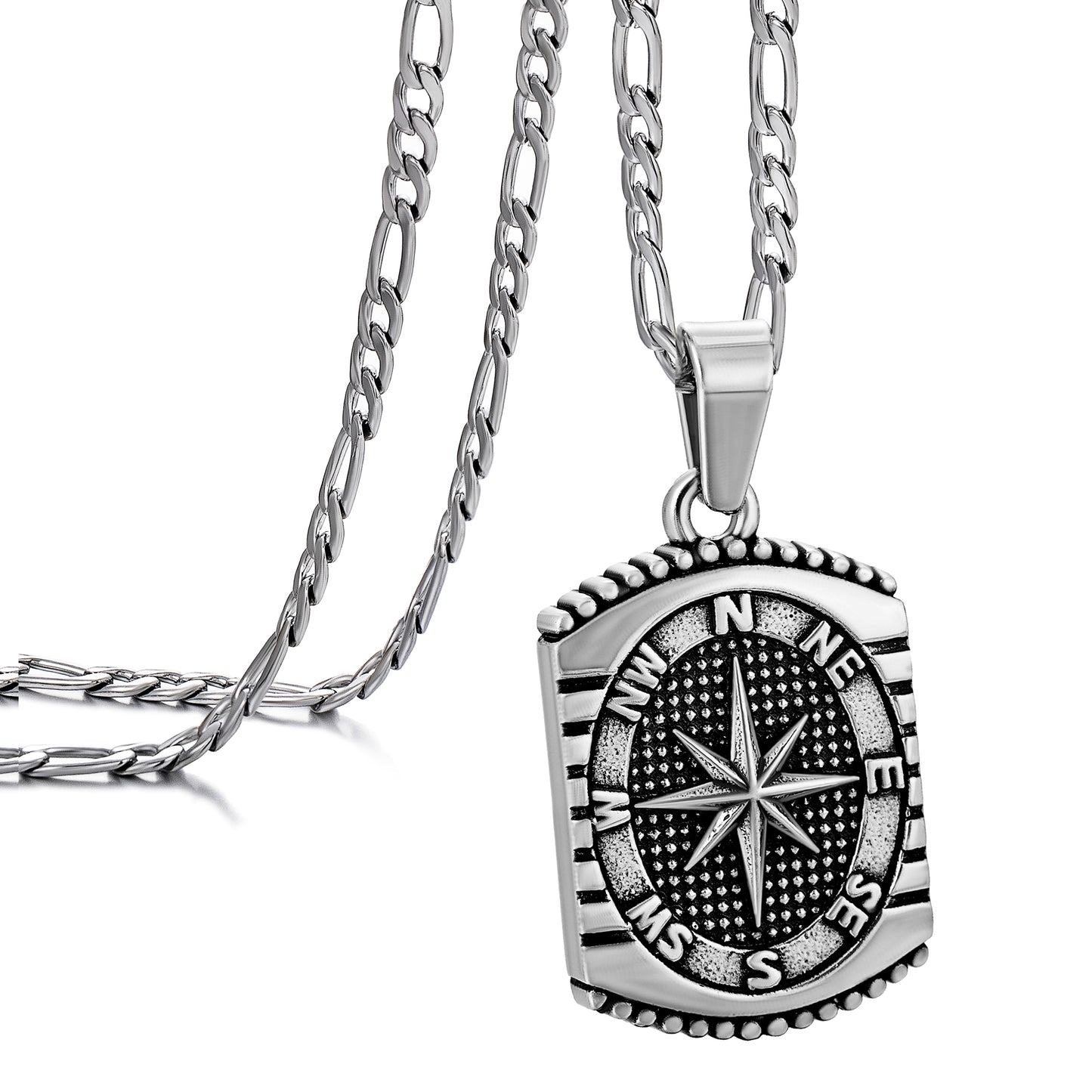 Antique Silver Rectangle Compass Pendant Necklace Figaro Chain N01304