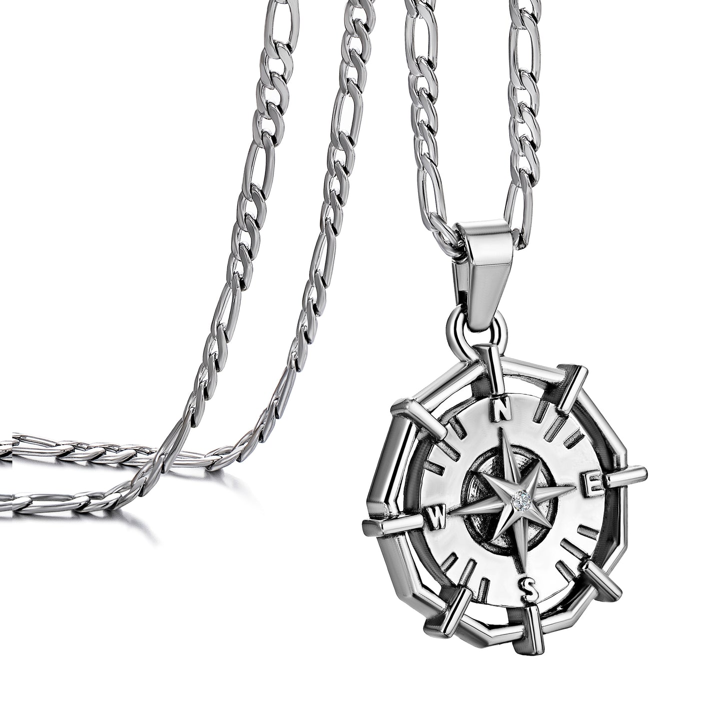 Silver Compass Pendant Necklace Figaro Chain N01866