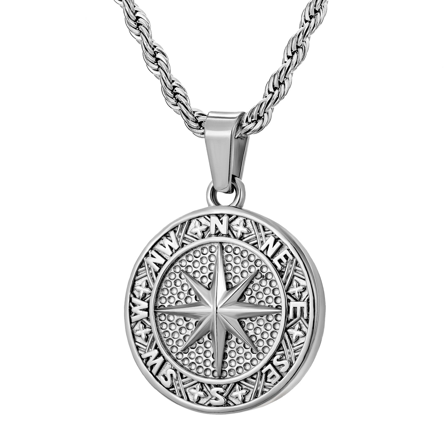 Silver Compass Pendant Necklace Twisted Rope Chain N02133