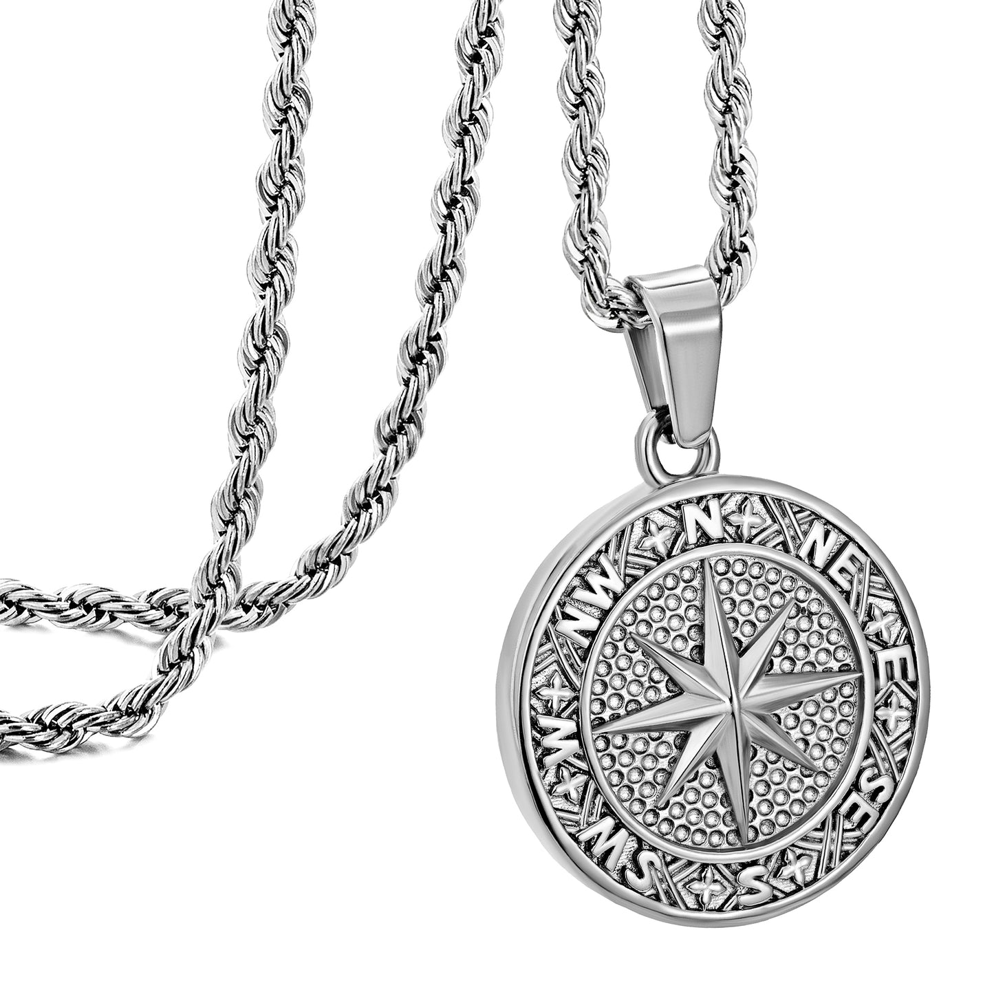 Silver Compass Pendant Necklace Twisted Rope Chain N02133