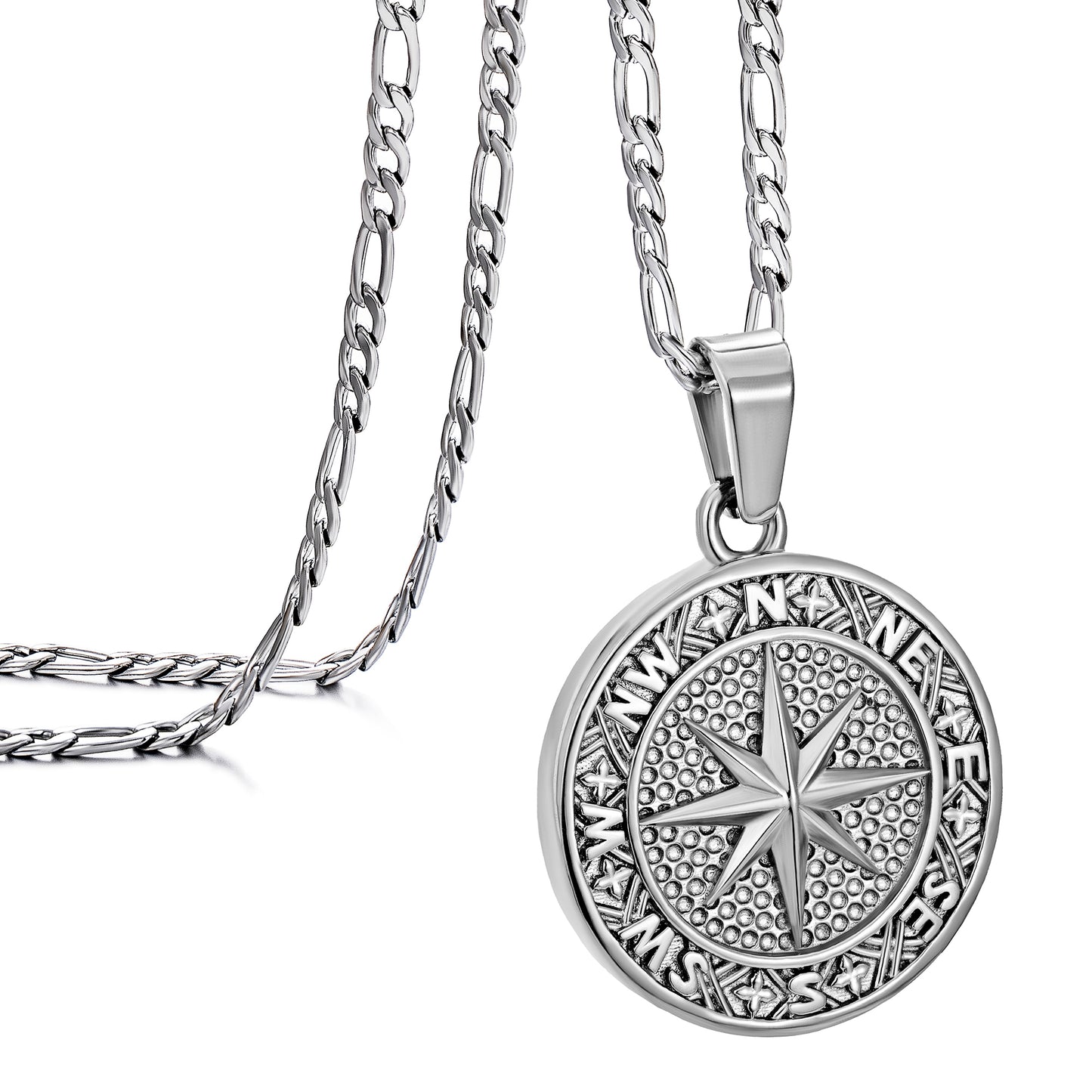 Silver Compass Pendant Necklace Figaro Chain N02135