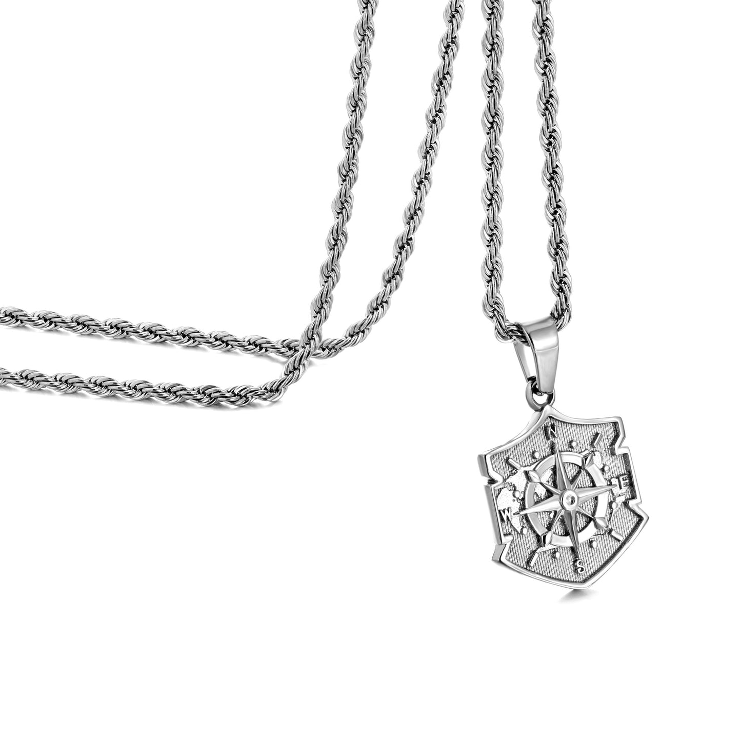 Silver Shield Compass Pendant Necklace Twisted Rope Chain N00394