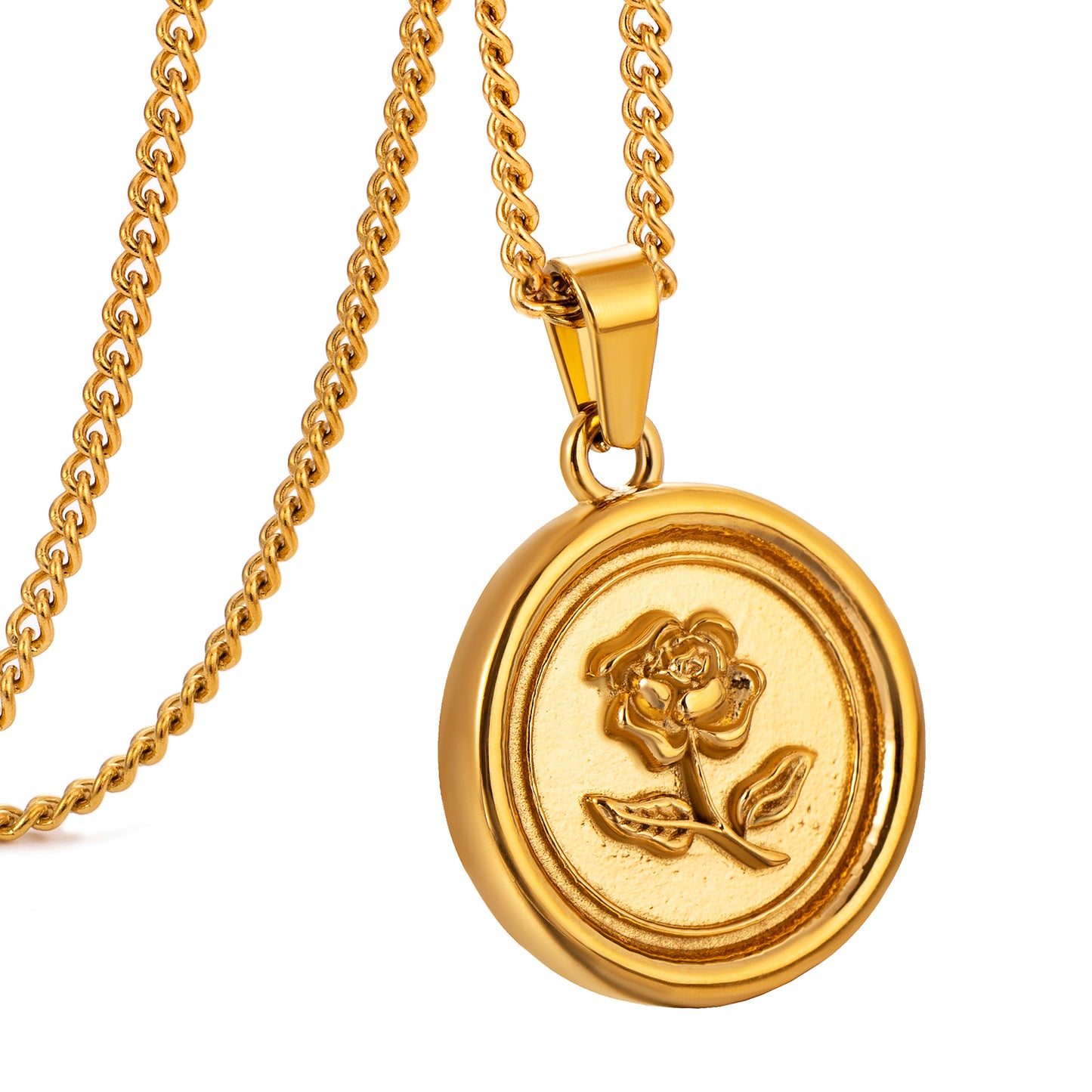 Gold Rose Pendant Necklace Curb Chain N00854
