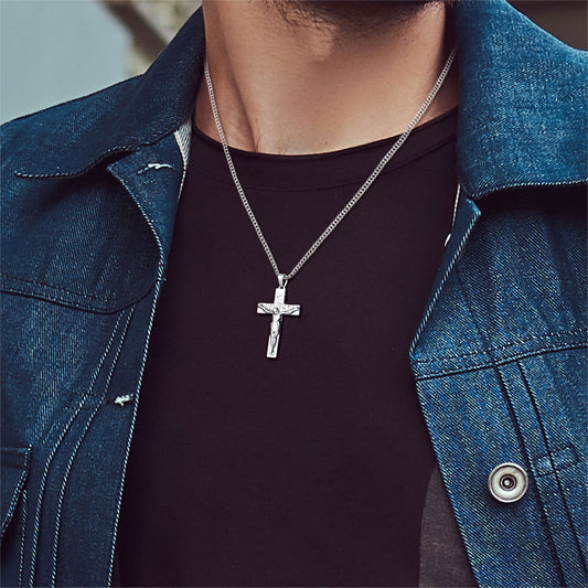 Cross Necklace for Men Women, Stainless Steel Crucifix Cross with Curb Chain Wheat Chain, Religious Faith Jewelry, Gift for Family