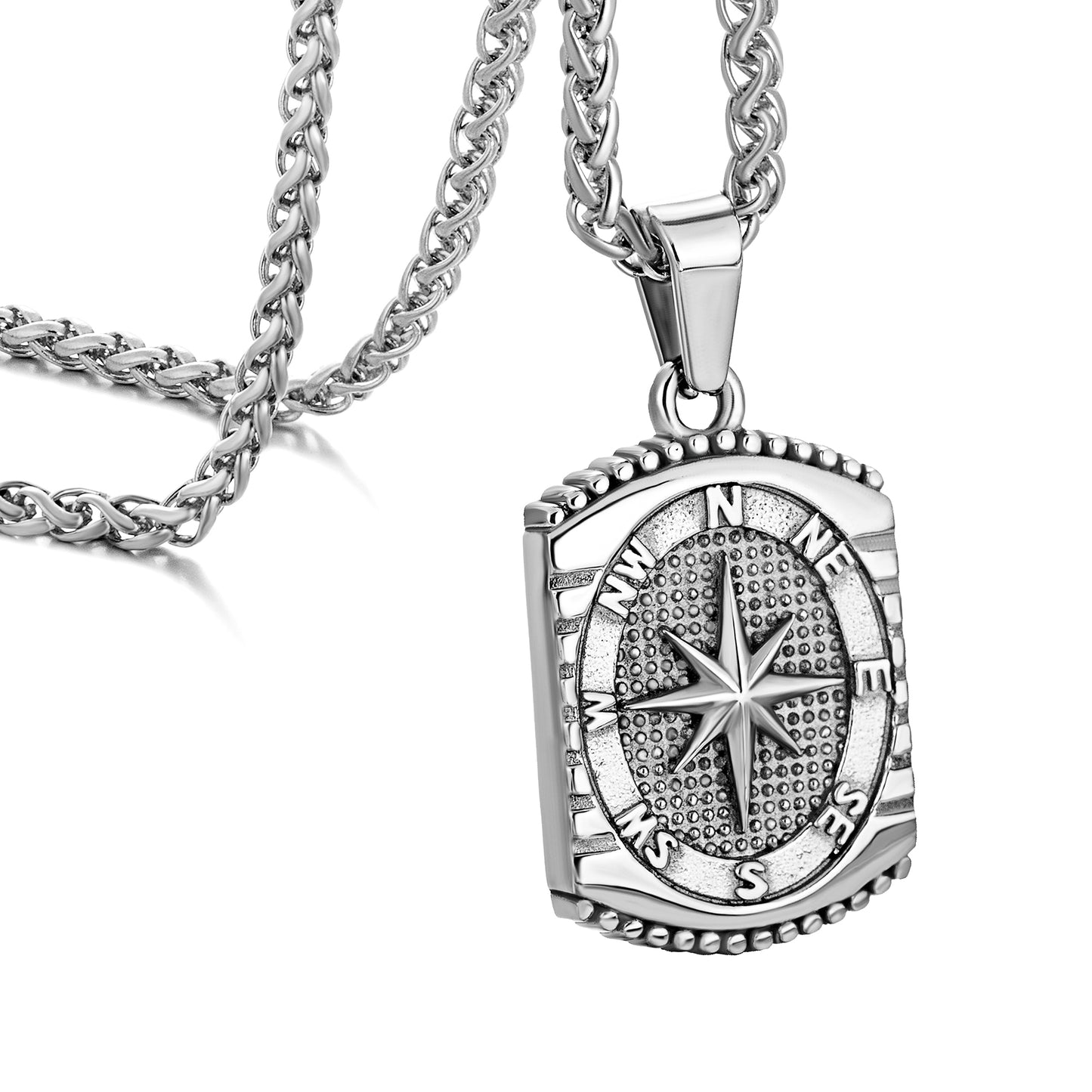 Silver Rectangle Compass Pendant Necklace Wheat Chain N00627