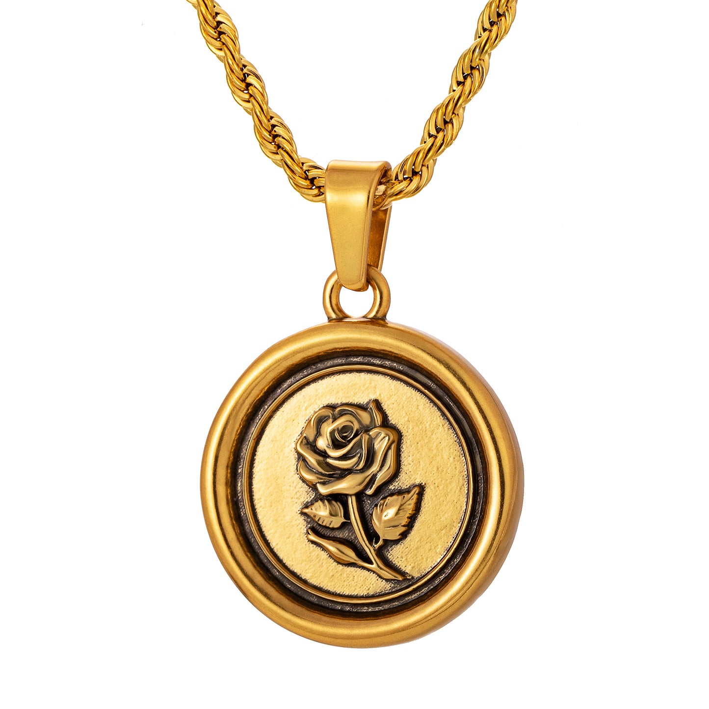 Antique Gold Rose Pendant Necklace Twisted Rope Chain N01560