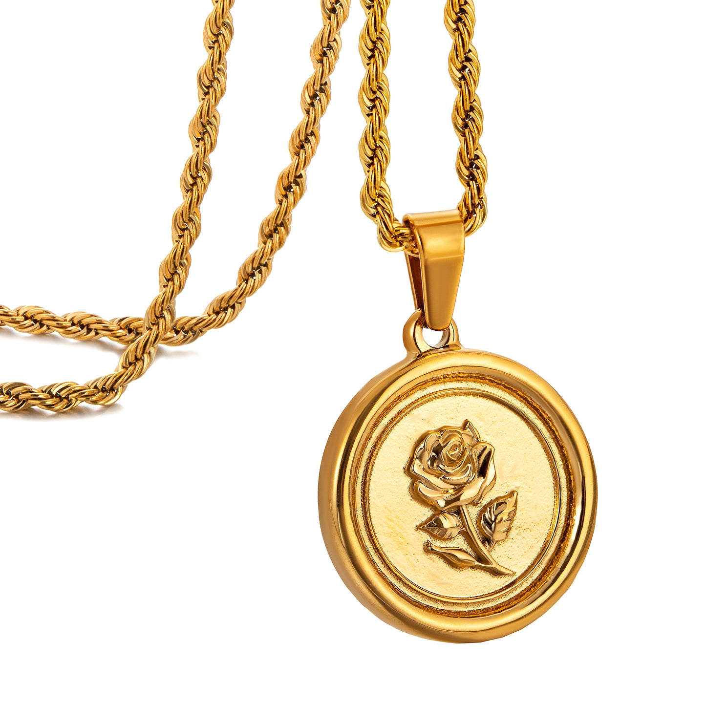 Gold Rose Pendant Necklace Twisted Rope Chain N01543