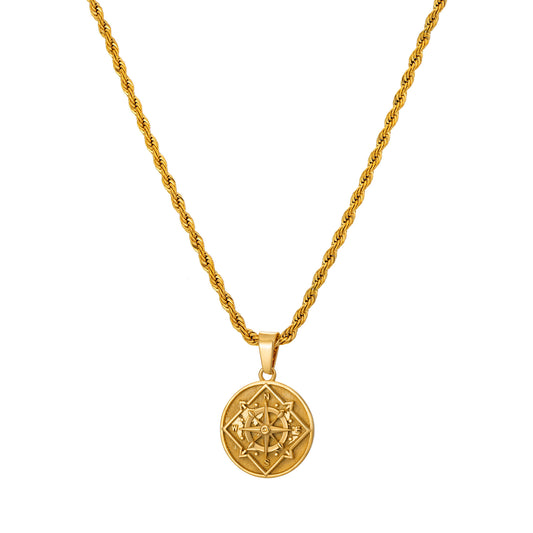 Gold Coin Compass Pendant Necklace Twisted Rope Chain N00382