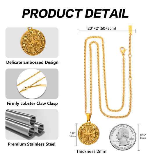 Gold Compass Pendant Necklace Curb Chain N02162