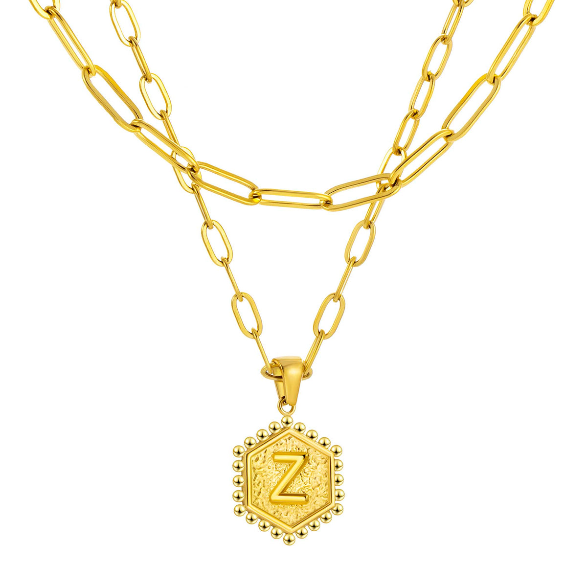 Initial Necklace for Women, Hexagon Letter Pendant, Paperclip Chain, Alphabet A to Z, Geometric Charm Jewelry