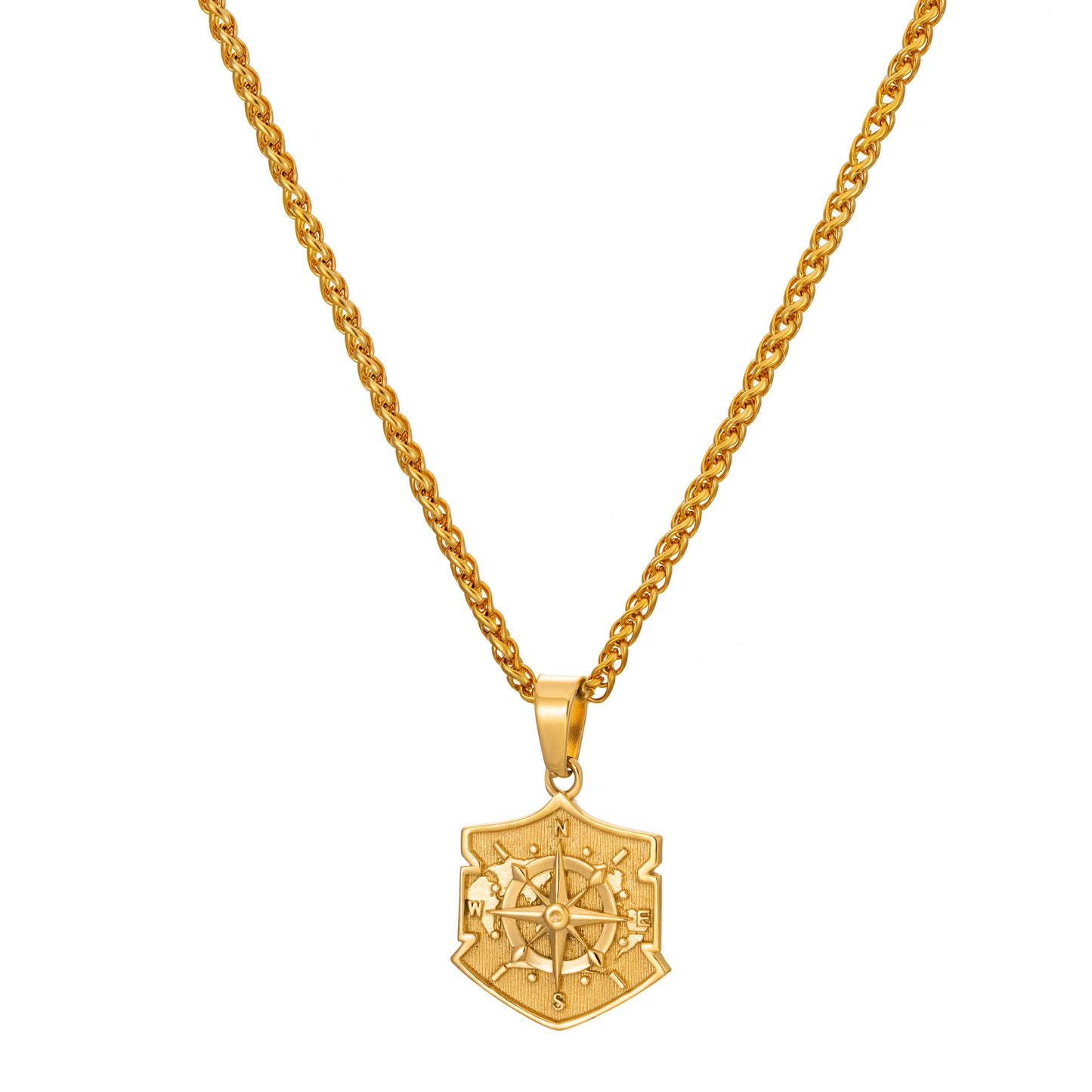 Gold Shield Compass Pendant Necklace Wheat Chain N00399