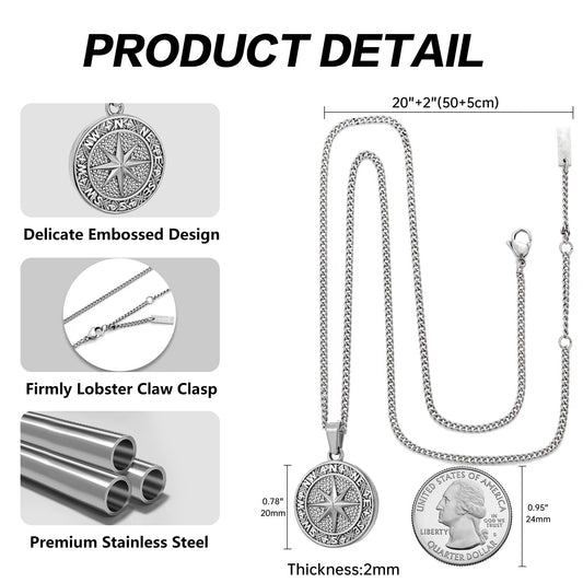 Silver Compass Pendant Necklace Curb Chain N02128