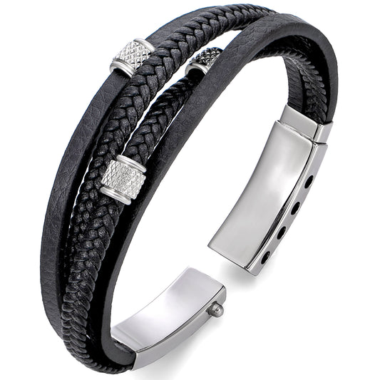 Mens Bracelet Adjustable Clasp Cuff Multi Strand Wristband Leather Bracelet for Daily Wear Minimalist Style Gift for Him