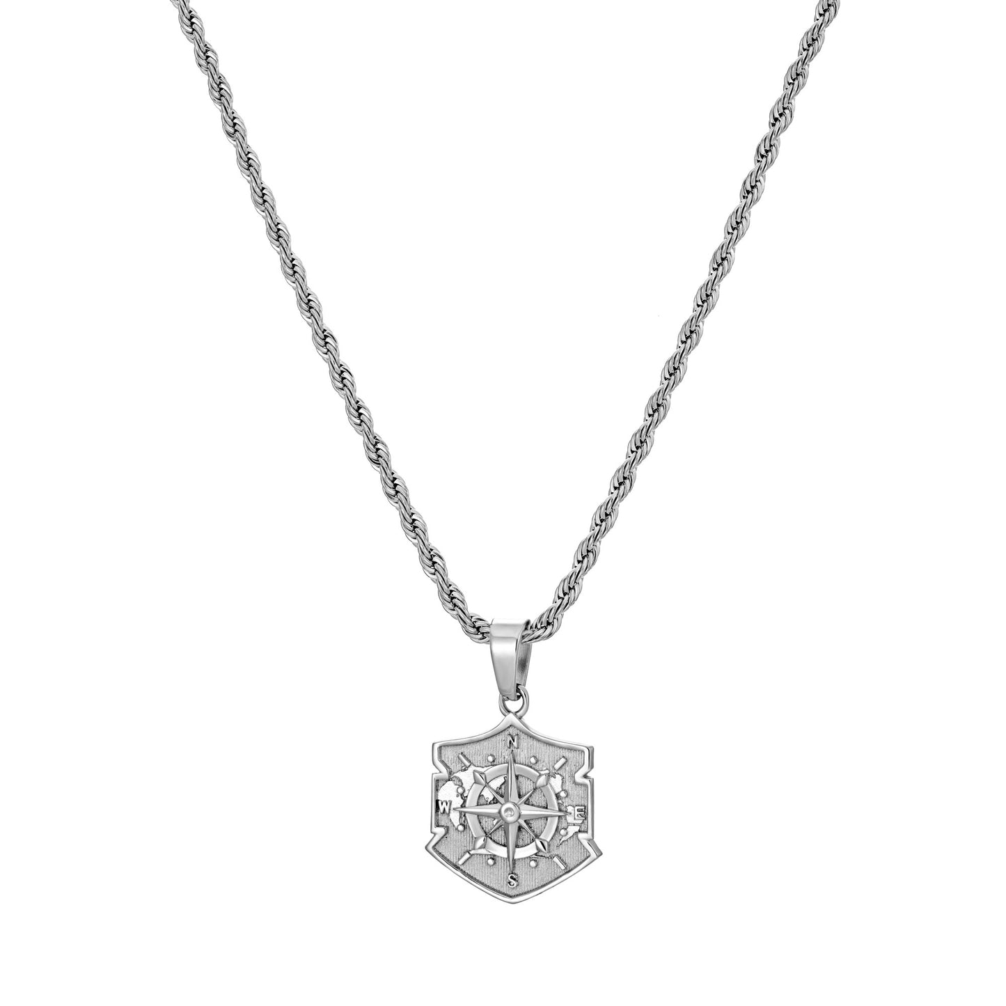 Silver Shield Compass Pendant Necklace Twisted Rope Chain N00394