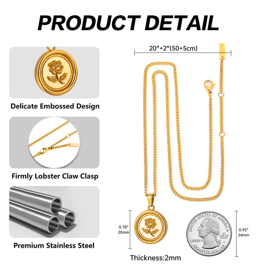 Gold Rose Pendant Necklace Curb Chain N00854