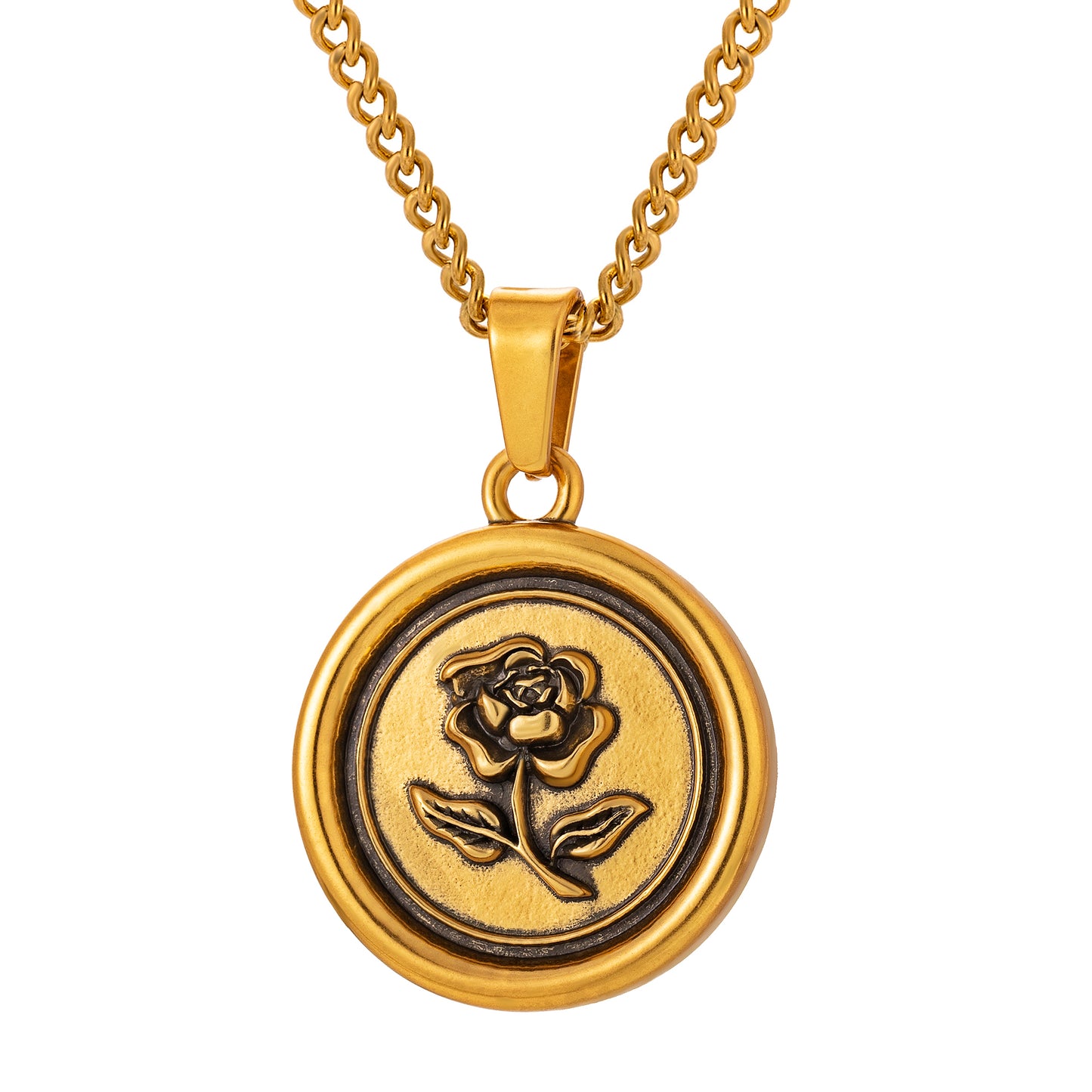 Antique Gold Rose Pendant Necklace Curb Chain N00871