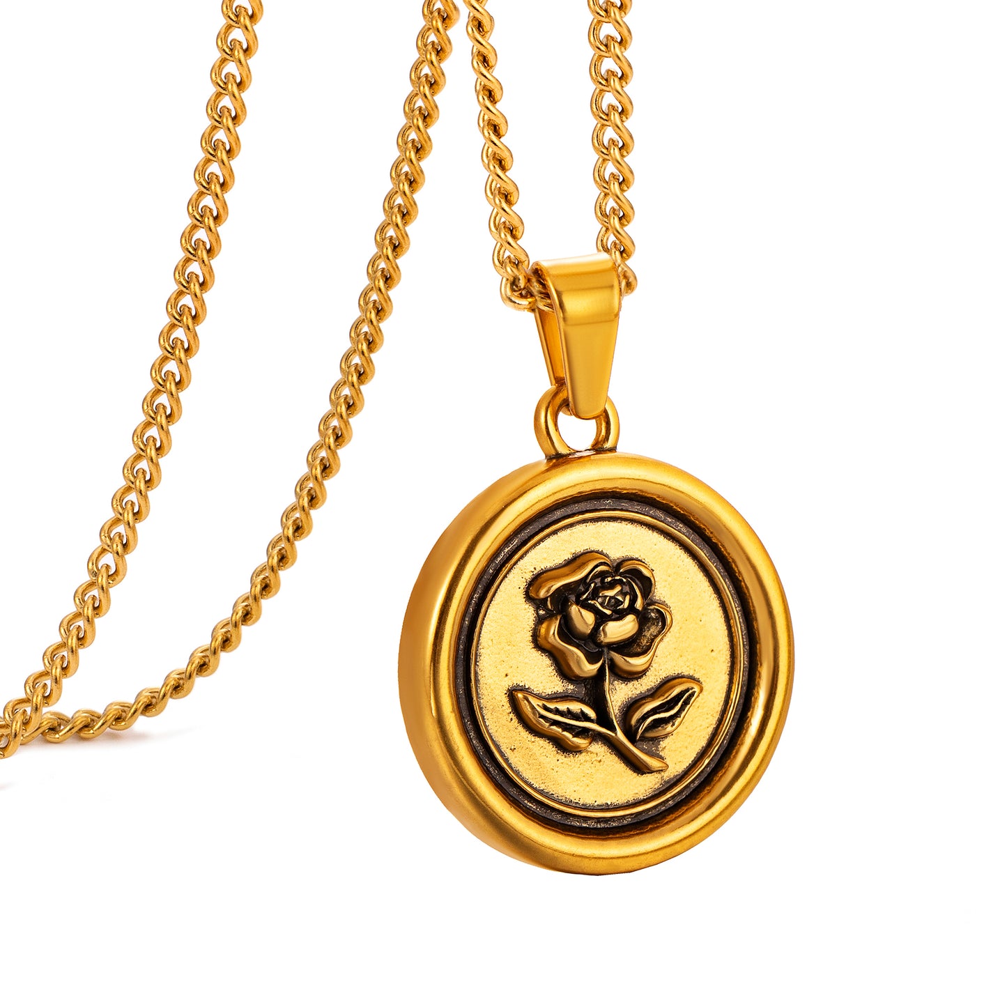 Antique Gold Rose Pendant Necklace Curb Chain N00871