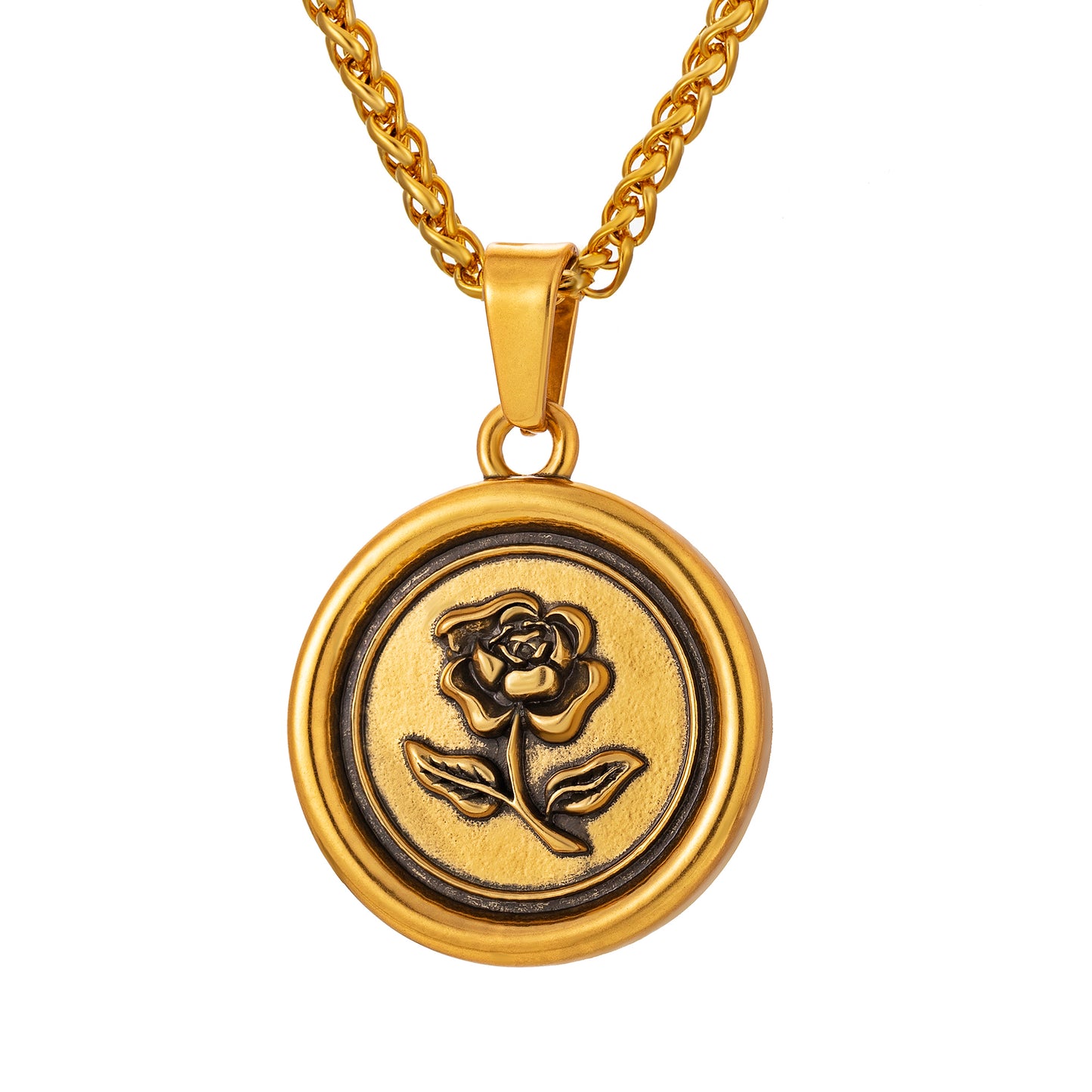 Antique Gold Rose Pendant Necklace Wheat Chain N00877