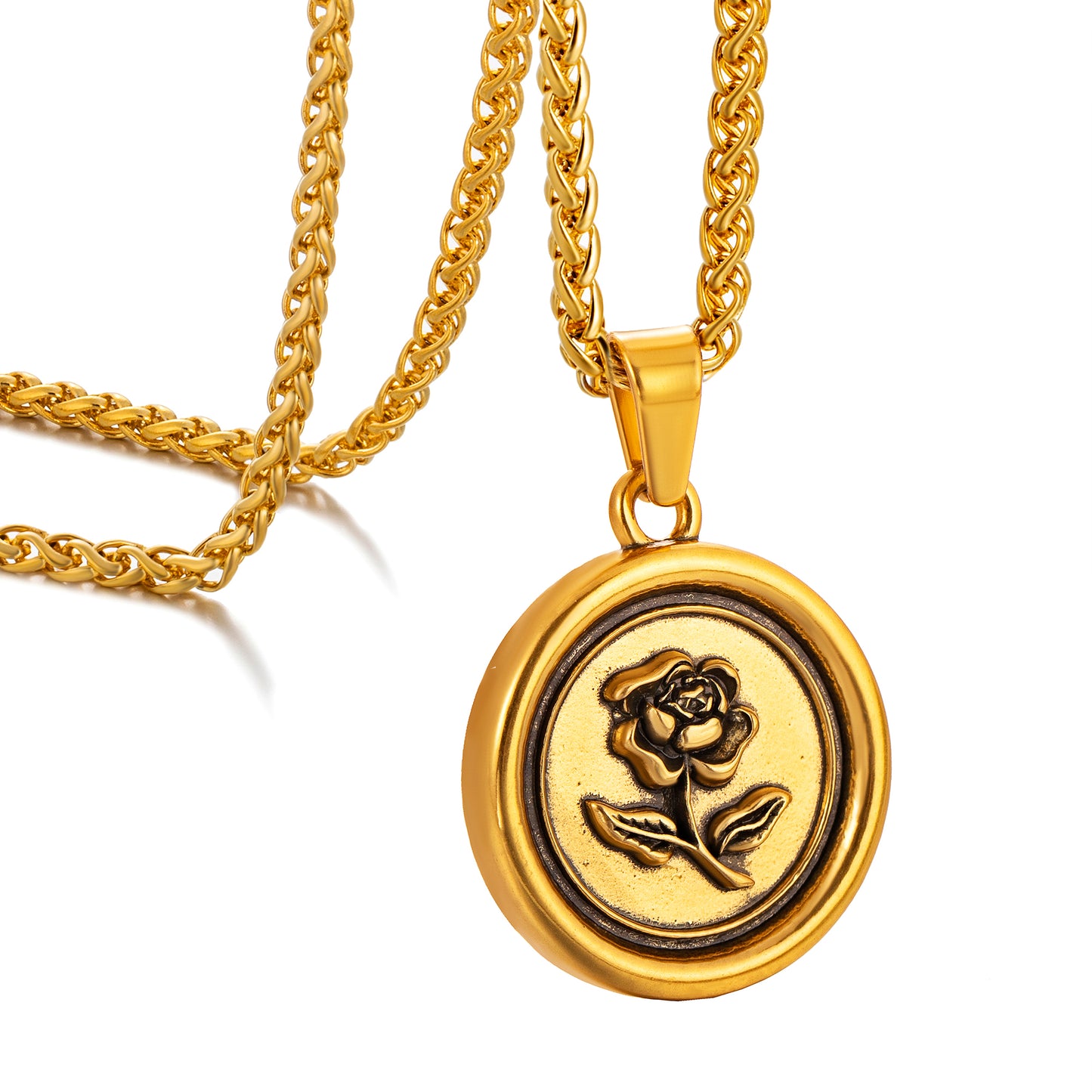 Antique Gold Rose Pendant Necklace Wheat Chain N00877
