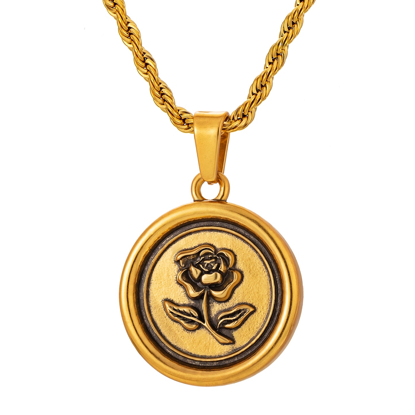 Antique Gold Rose Pendant Necklace Twisted Rope Chain N00876