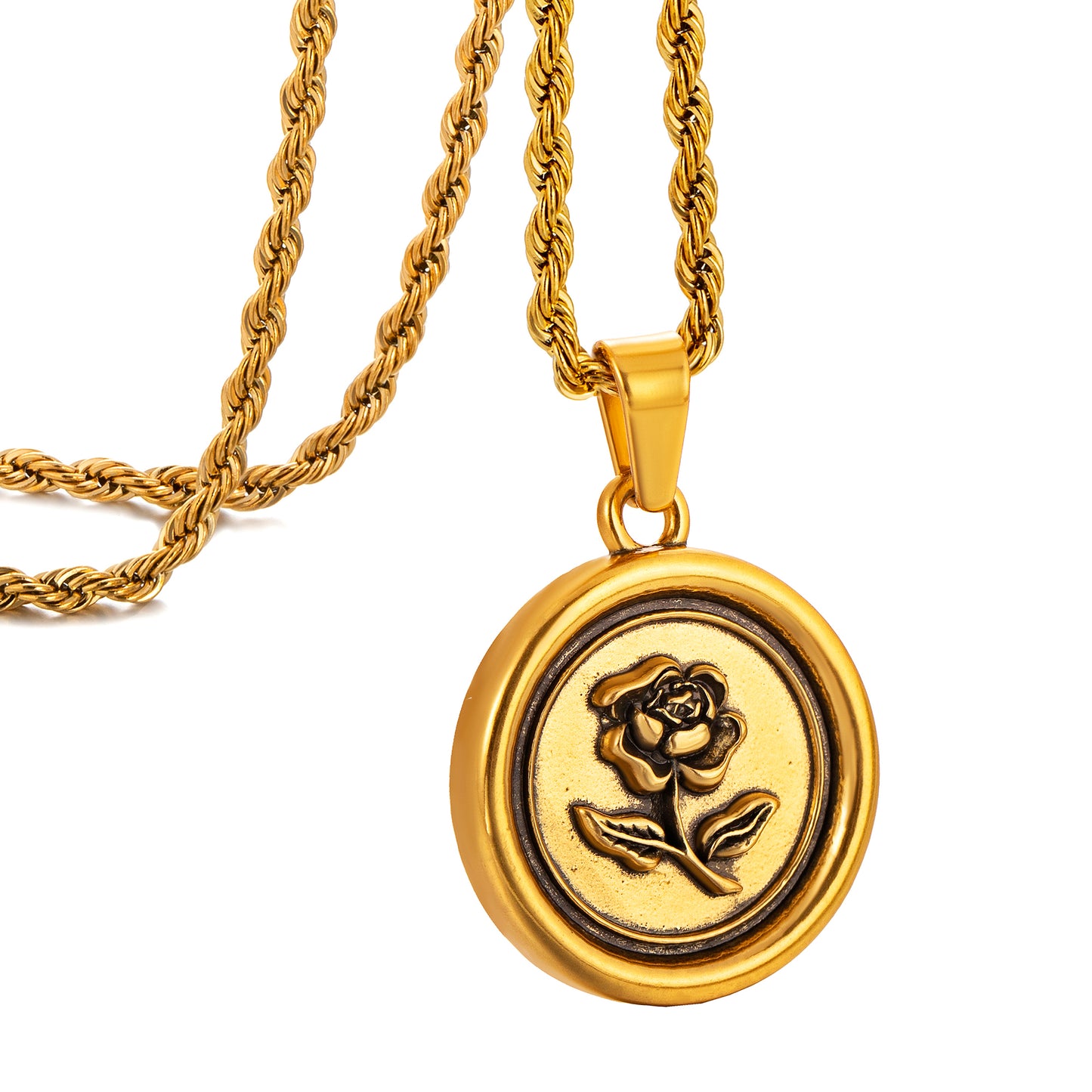 Antique Gold Rose Pendant Necklace Twisted Rope Chain N00876