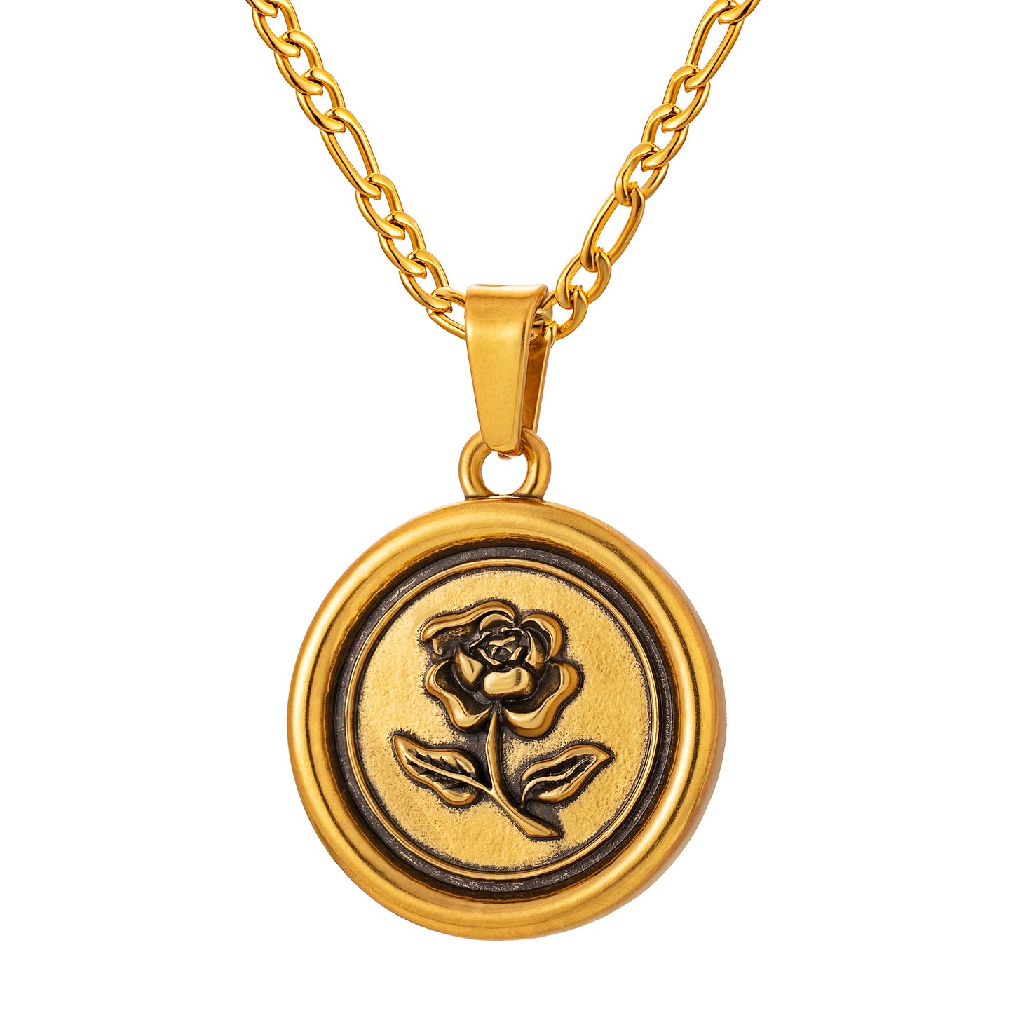 Antique Gold Rose Pendant Necklace Figaro Chain N00878