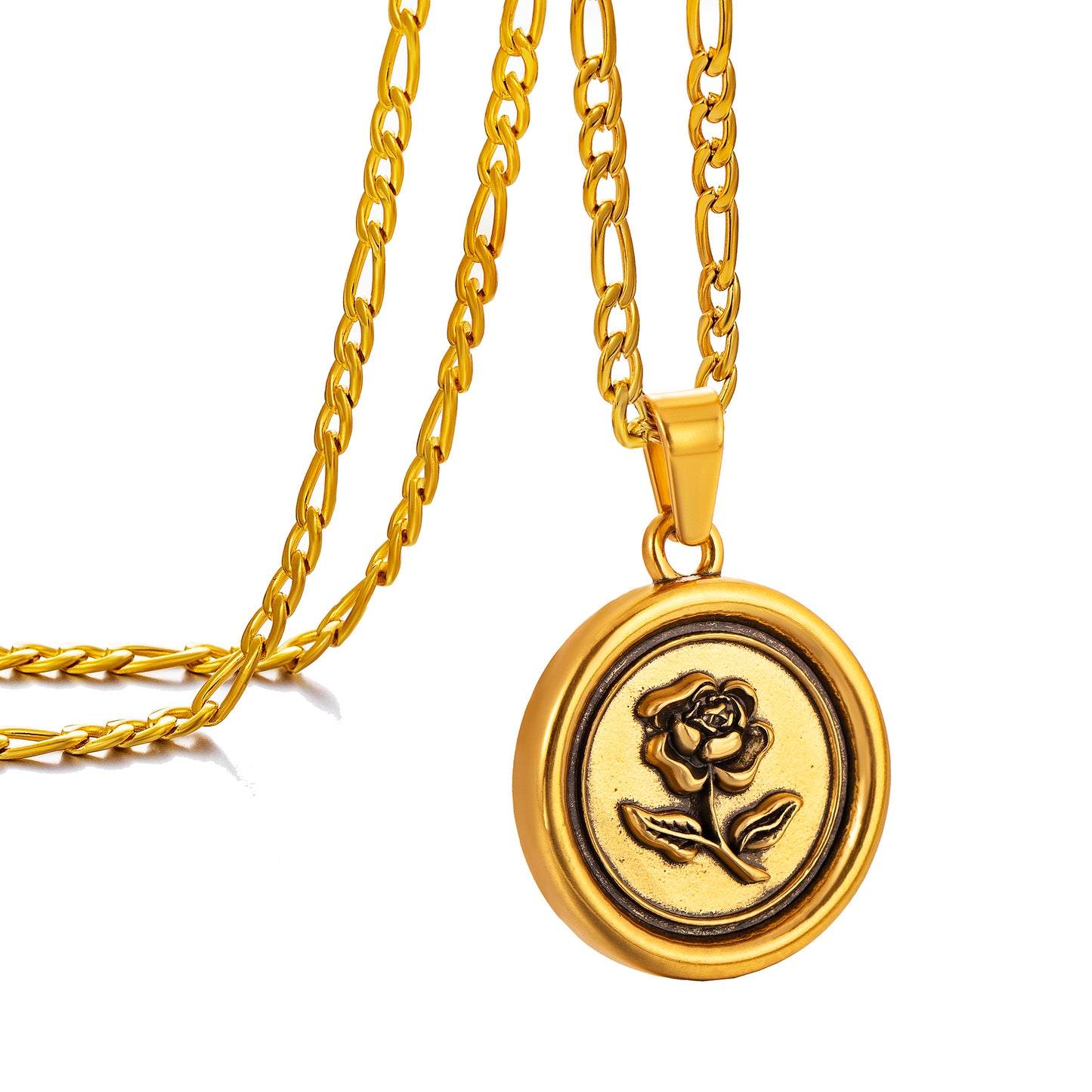 Antique Gold Rose Pendant Necklace Figaro Chain N00878