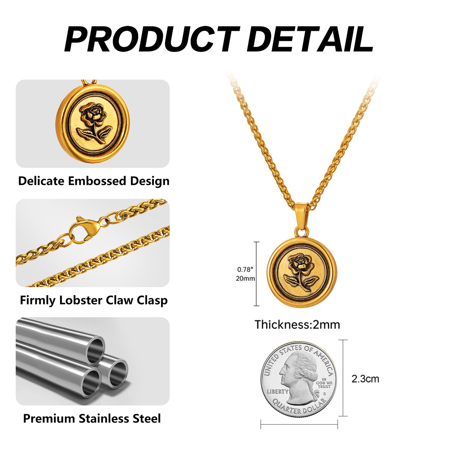Antique Gold Rose Pendant Necklace Wheat Chain N00877