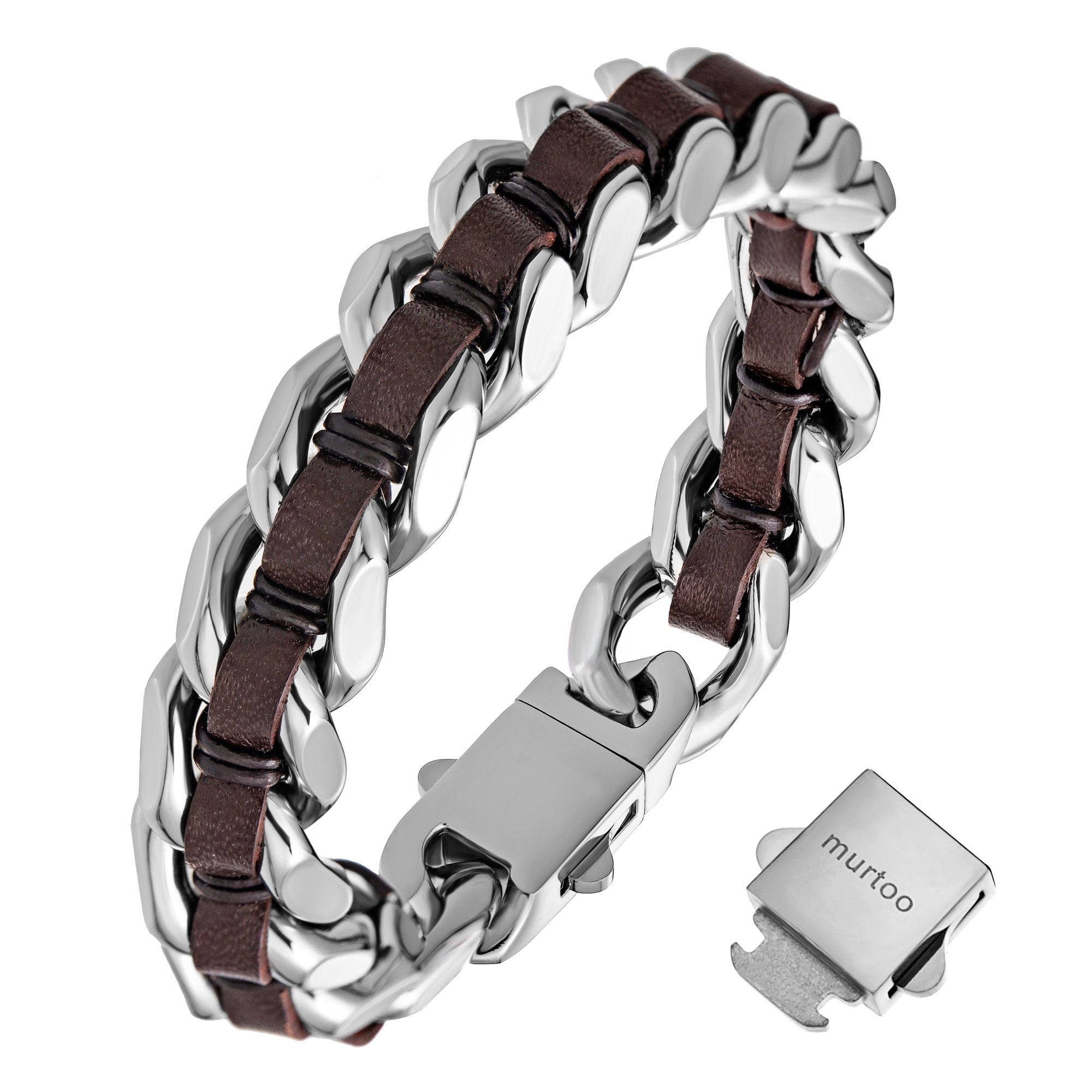 Murtoo Men's Leather & Steel Chain Bracelet - Adjustable Magnetic Clasp, Brown, 8 Inch