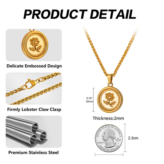 Gold Rose Pendant Necklace Wheat Chain N00860