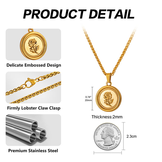 Gold Rose Pendant Necklace Wheat Chain N01544