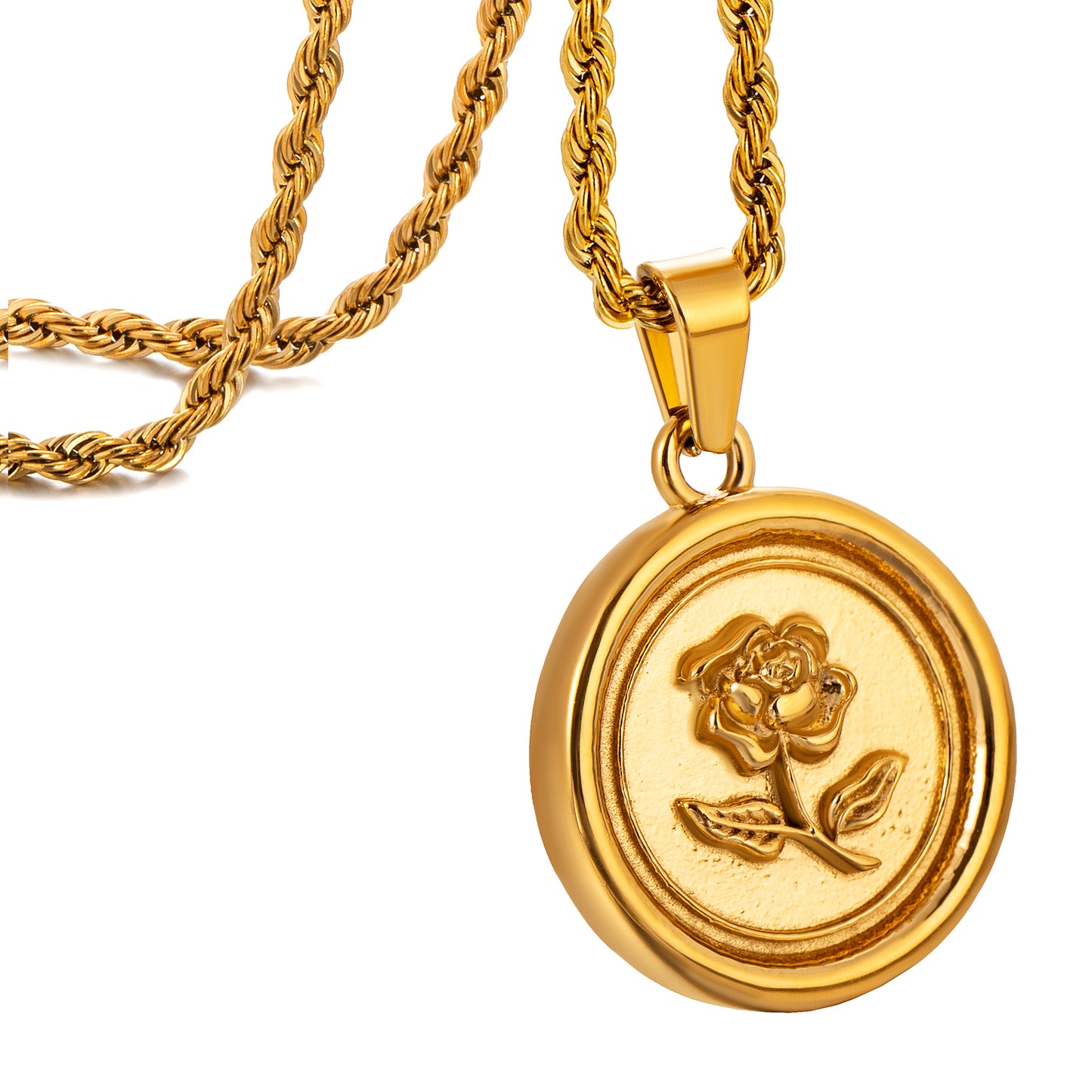 Gold Rose Pendant Necklace Twisted Rope Chain N00859