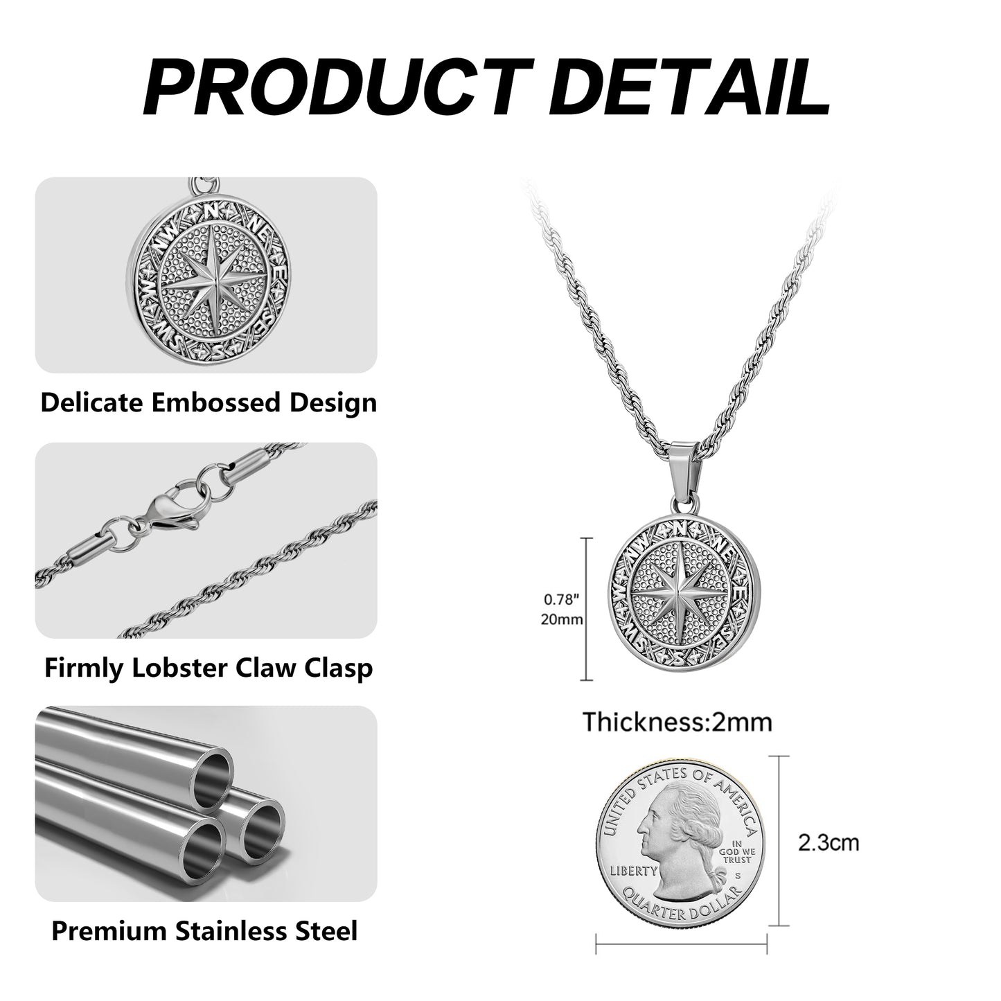 Silver Compass Pendant Necklace Twisted Rope Chain N02133