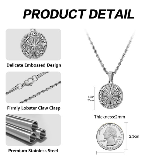 Silver Compass Pendant Necklace Twisted Rope Chain N02133