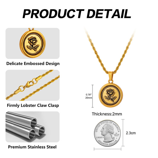 Antique Gold Rose Pendant Necklace Twisted Rope Chain N00876