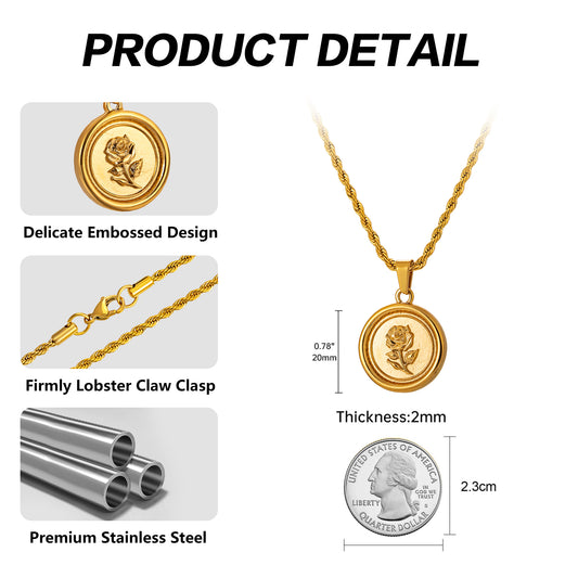 Gold Rose Pendant Necklace Twisted Rope Chain N01543