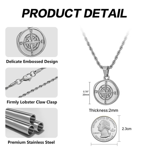 Silver Compass Pendant Necklace Twisted Rope Chain N00648