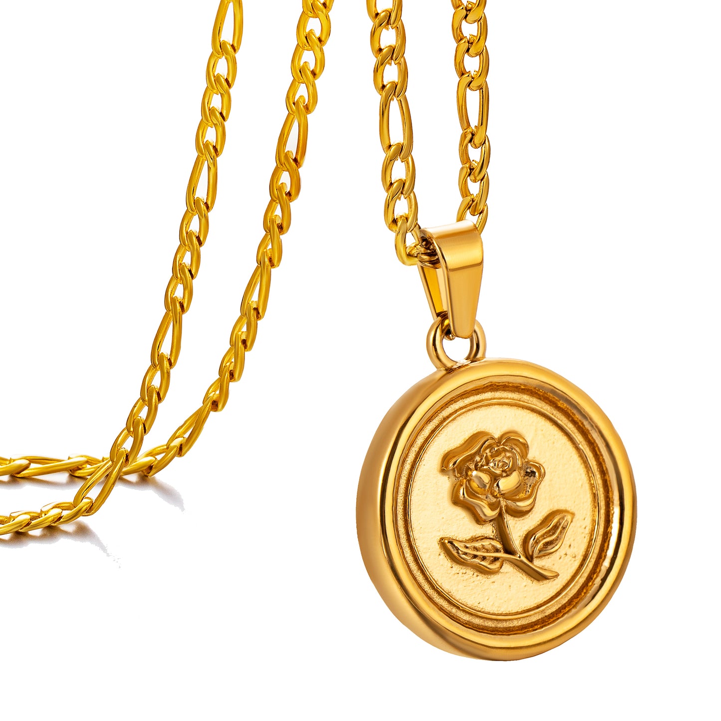 Gold Rose Pendant Necklace Figaro Chain N00861