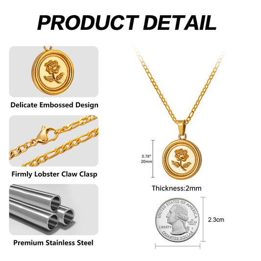 Gold Rose Pendant Necklace Figaro Chain N00861