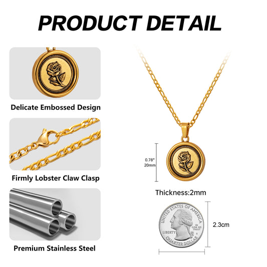 Antique Gold Rose Pendant Necklace Figaro Chain N01562