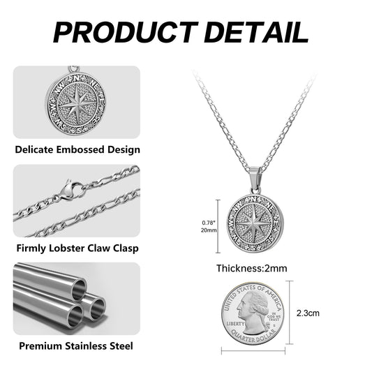 Silver Compass Pendant Necklace Figaro Chain N02135