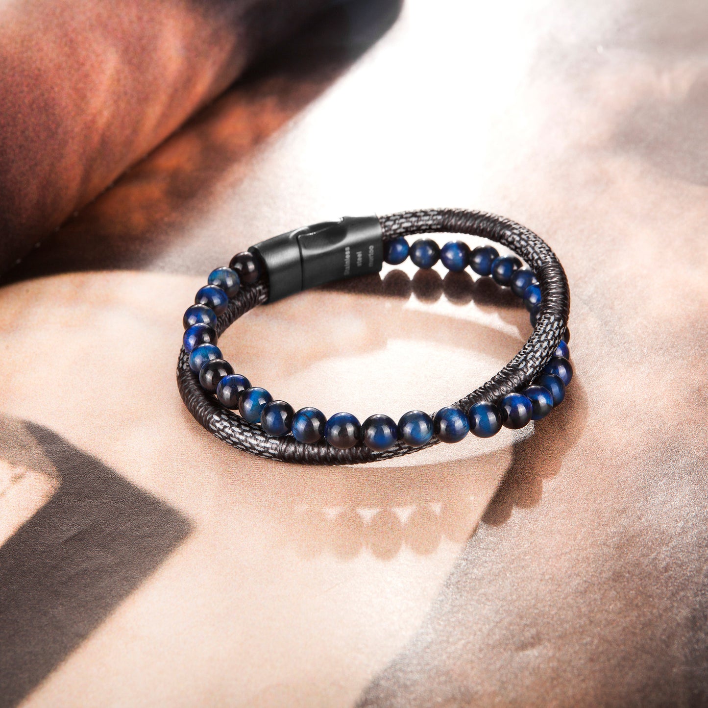 Blue bead and Leather Bracelet BHR00044