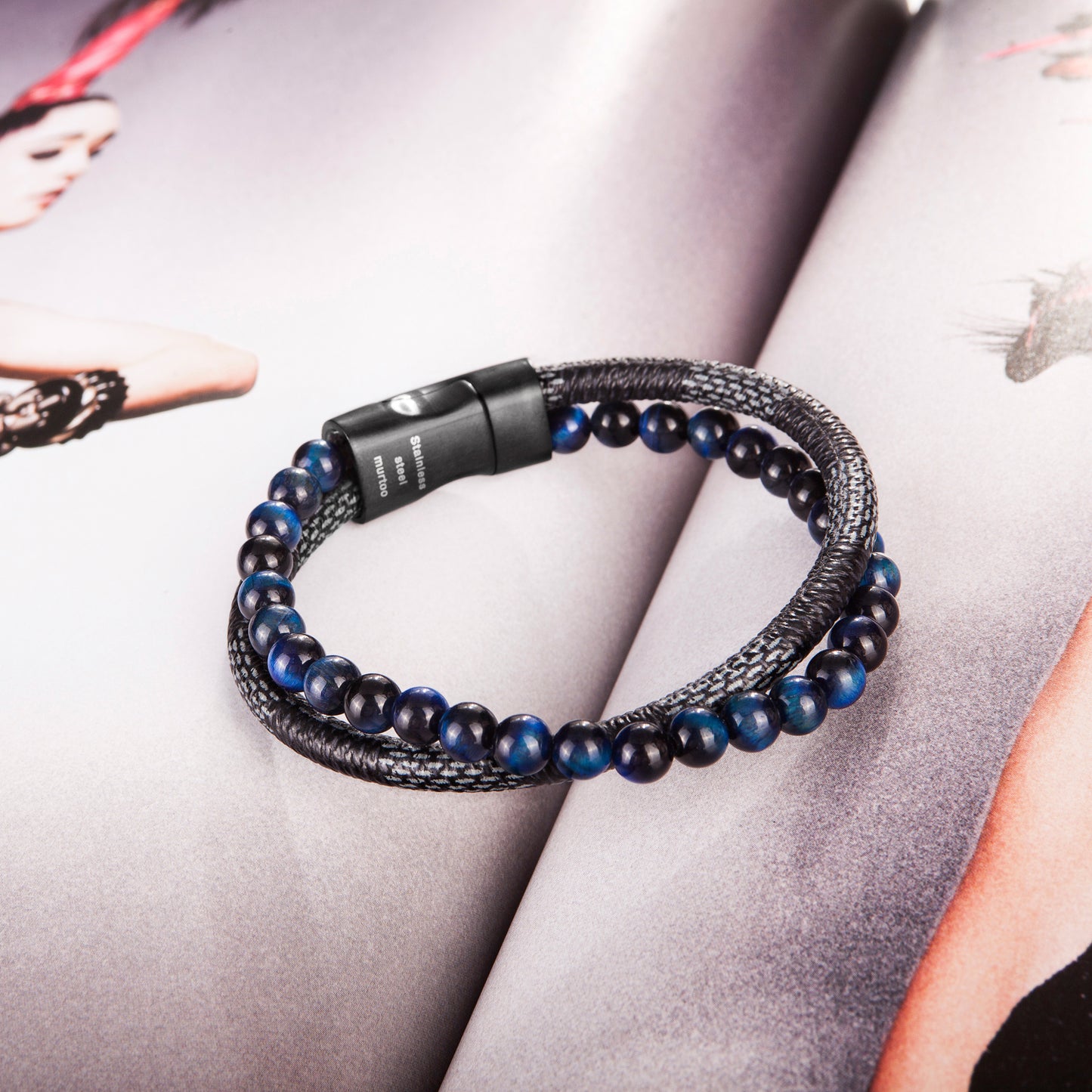 Blue bead and Leather Bracelet BHR00044