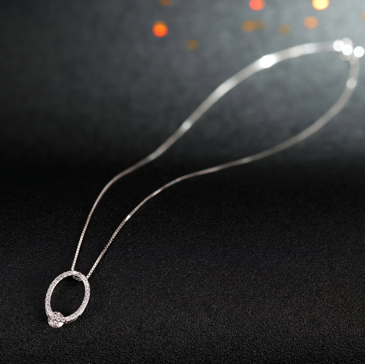Oval Pendant Necklace for Women, Openwork Oval Frame with Pave Stone Accents and Round Stone Detail, Everyday Jewelry