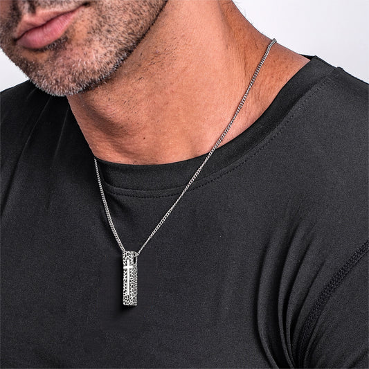 Cross Necklace for Men Women, Stainless Steel Textured Bar Design with Wheat Chain, Religious Faith Jewelry Gift