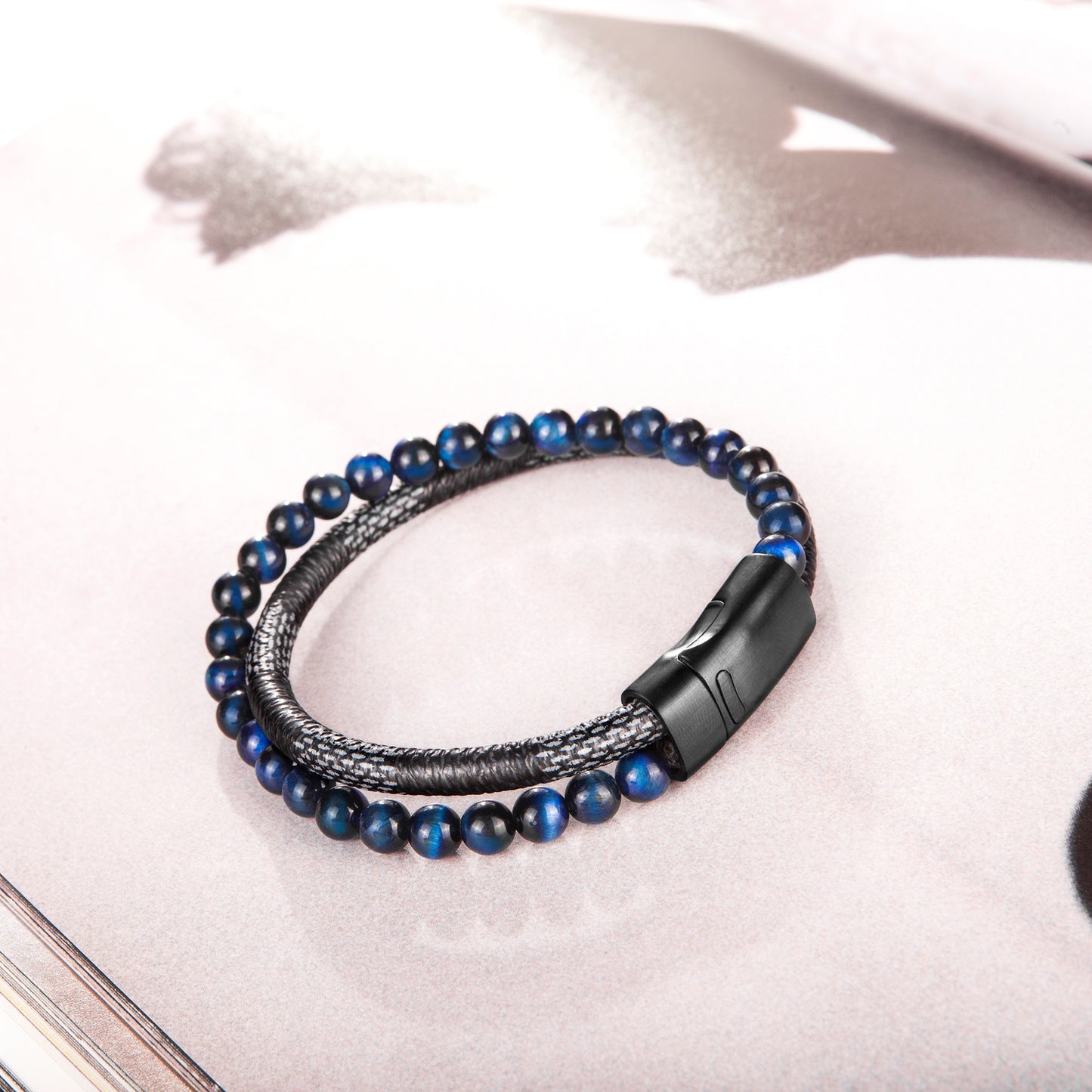 Blue bead and Leather Bracelet BHR00044